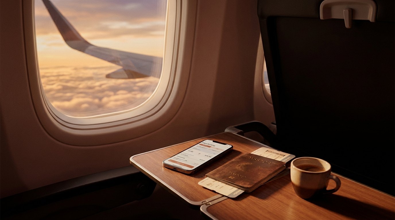 Finestrino dell'aereo al tramonto con passaporto, carta d'imbarco e smartphone