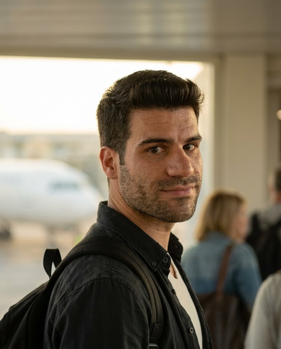 Manuel Barbiero in aeroporto prima della partenza